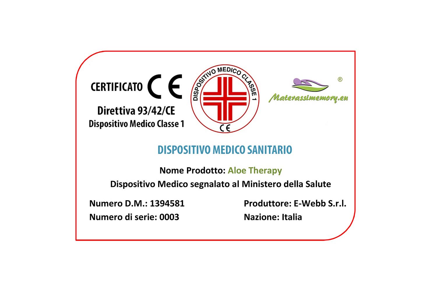 ALOE THERAPY - Materasso Memory alto 26 cm dispositivo medico Classe 1 detraibile , 7 cm Memory, Rivestimento sfoderabile