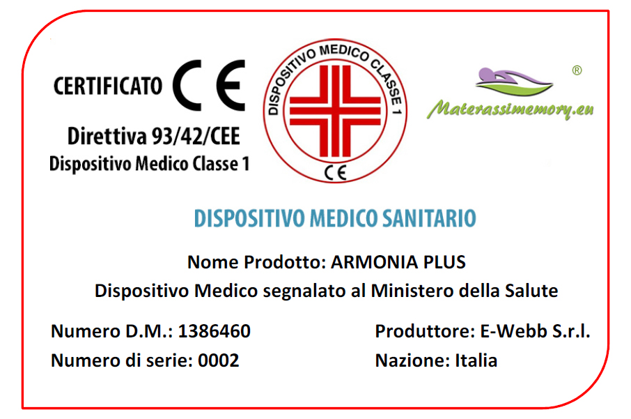 ARMONIA PLUS - Materasso memory 5 strati, rivestimento sfoderabile alto 25cm con dispositivo medico detraibile
