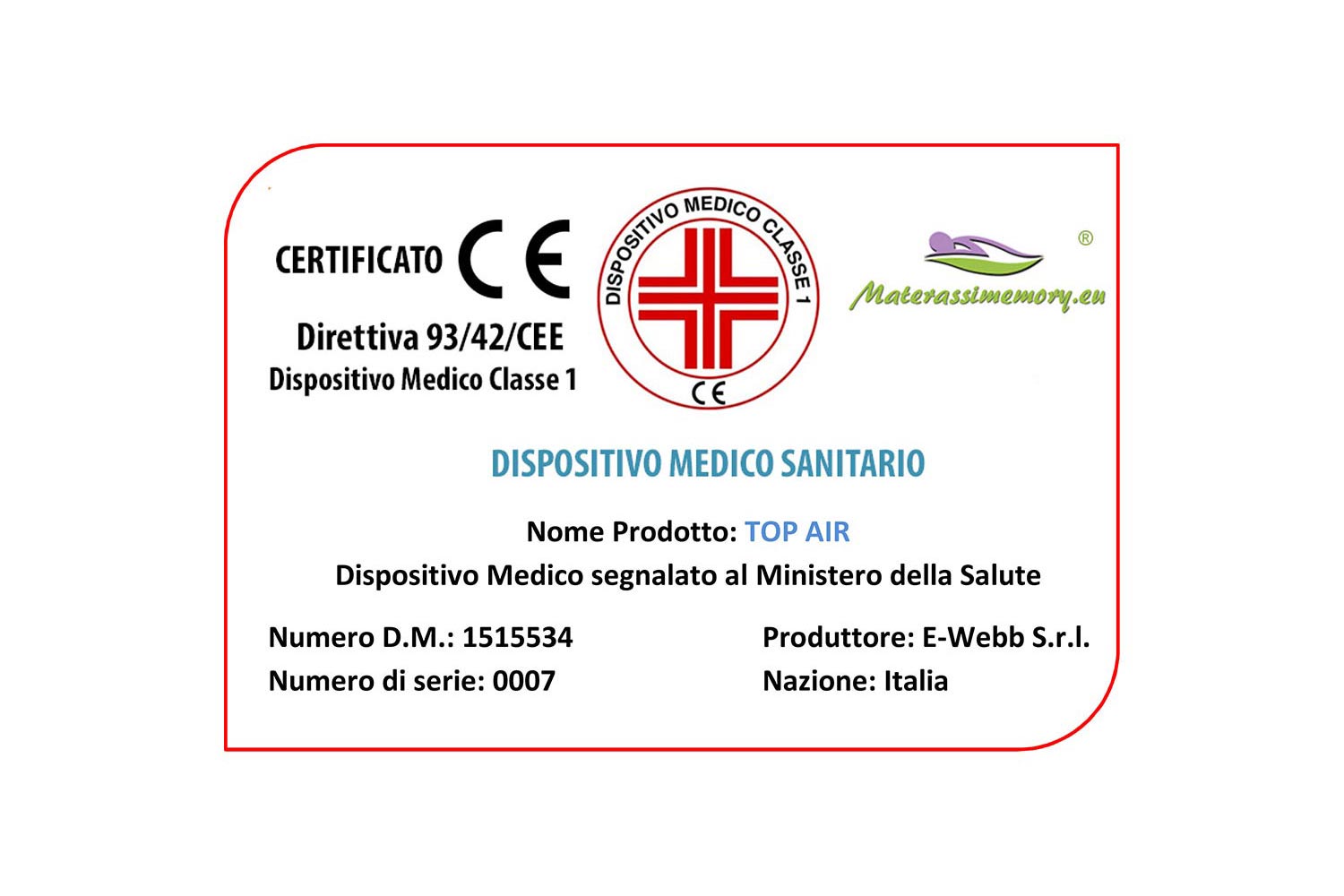 TOP AIR - Materasso Memory Alto 25 cm Dispositivo medico detraibile Rivestimento Aloe Vera e guanciale/i memory in omaggio